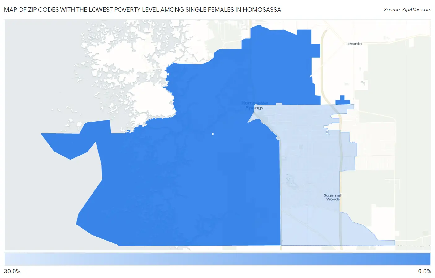 Zip Codes with the Lowest Poverty Level Among Single Females in Homosassa Map