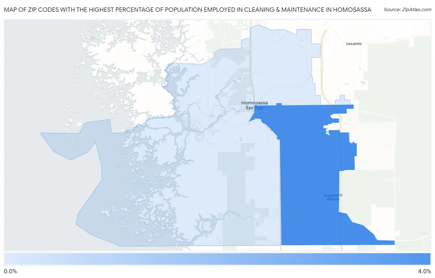 Zip Codes with the Highest Percentage of Population Employed in Cleaning & Maintenance in Homosassa Map