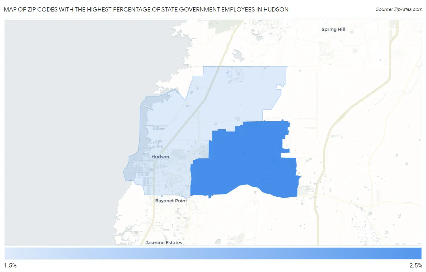Zip Codes with the Highest Percentage of State Government Employees in Hudson Map