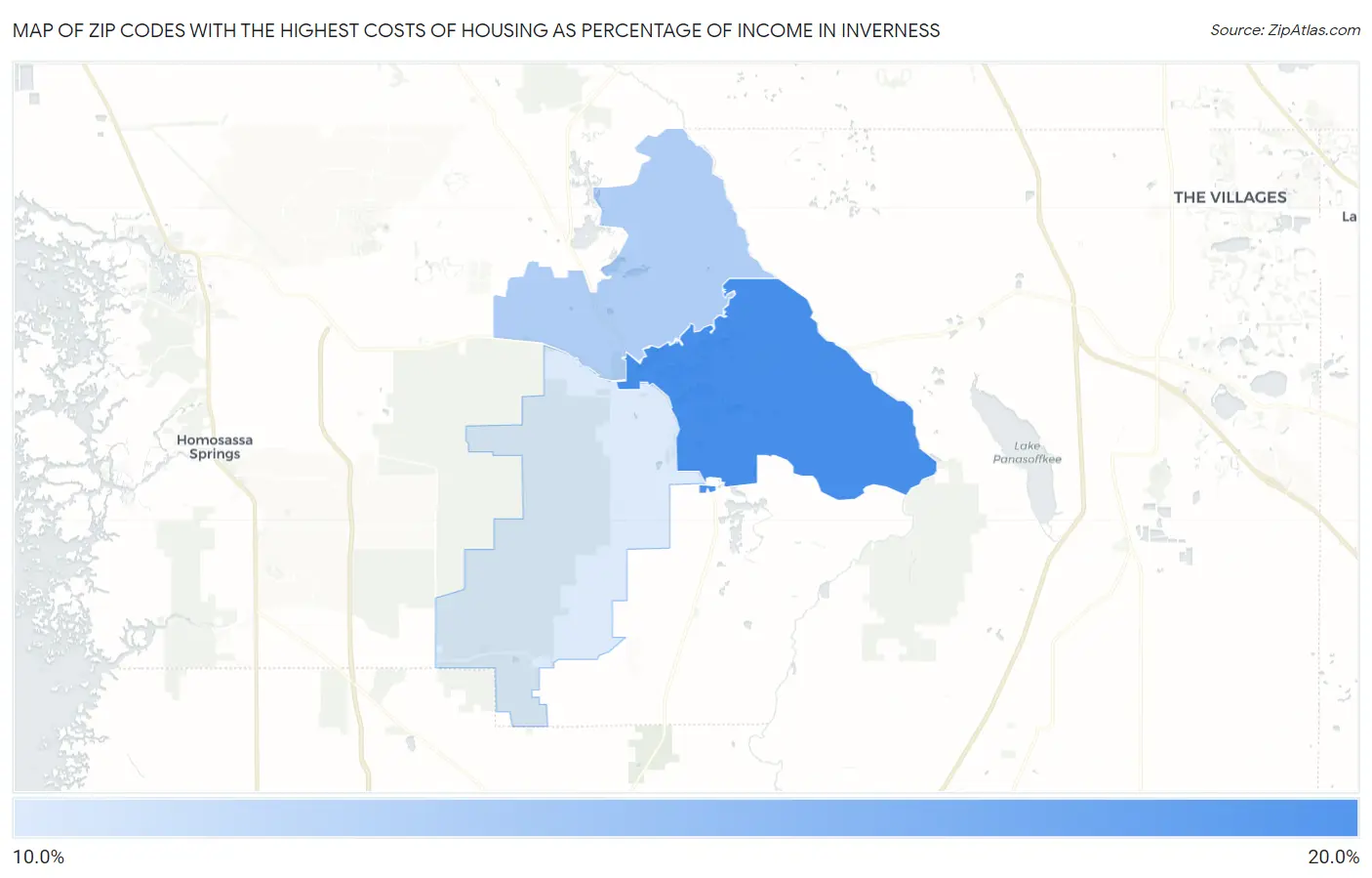 Zip Codes with the Highest Costs of Housing as Percentage of Income in Inverness Map