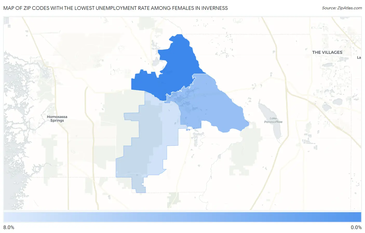 Zip Codes with the Lowest Unemployment Rate Among Females in Inverness Map