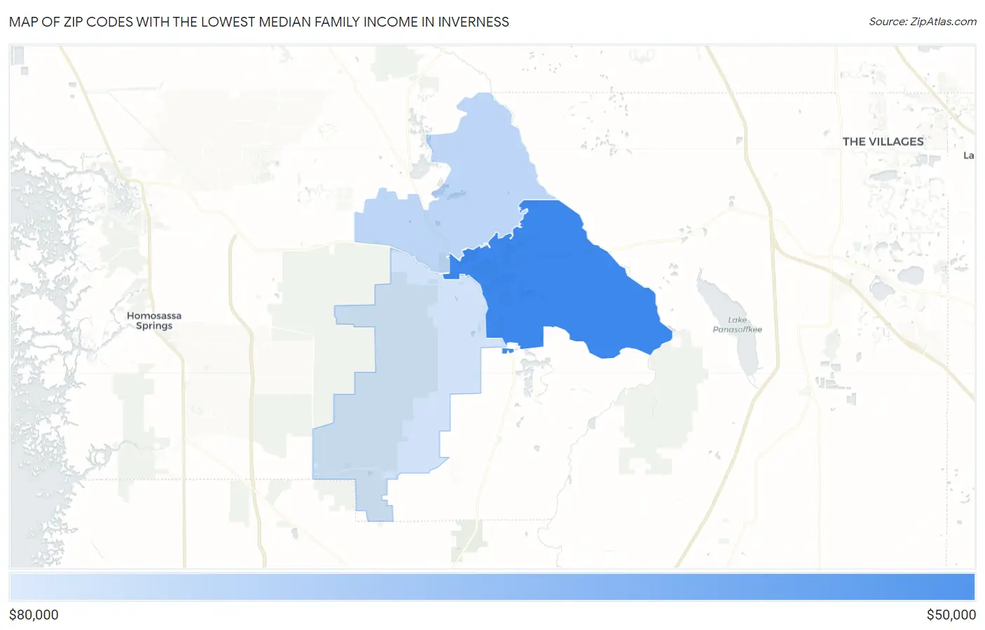 Zip Codes with the Lowest Median Family Income in Inverness Map