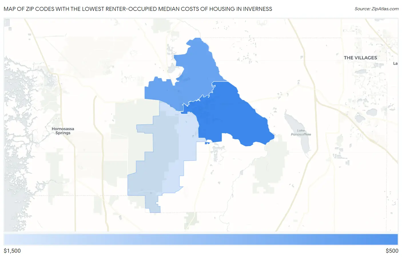 Zip Codes with the Lowest Renter-Occupied Median Costs of Housing in Inverness Map
