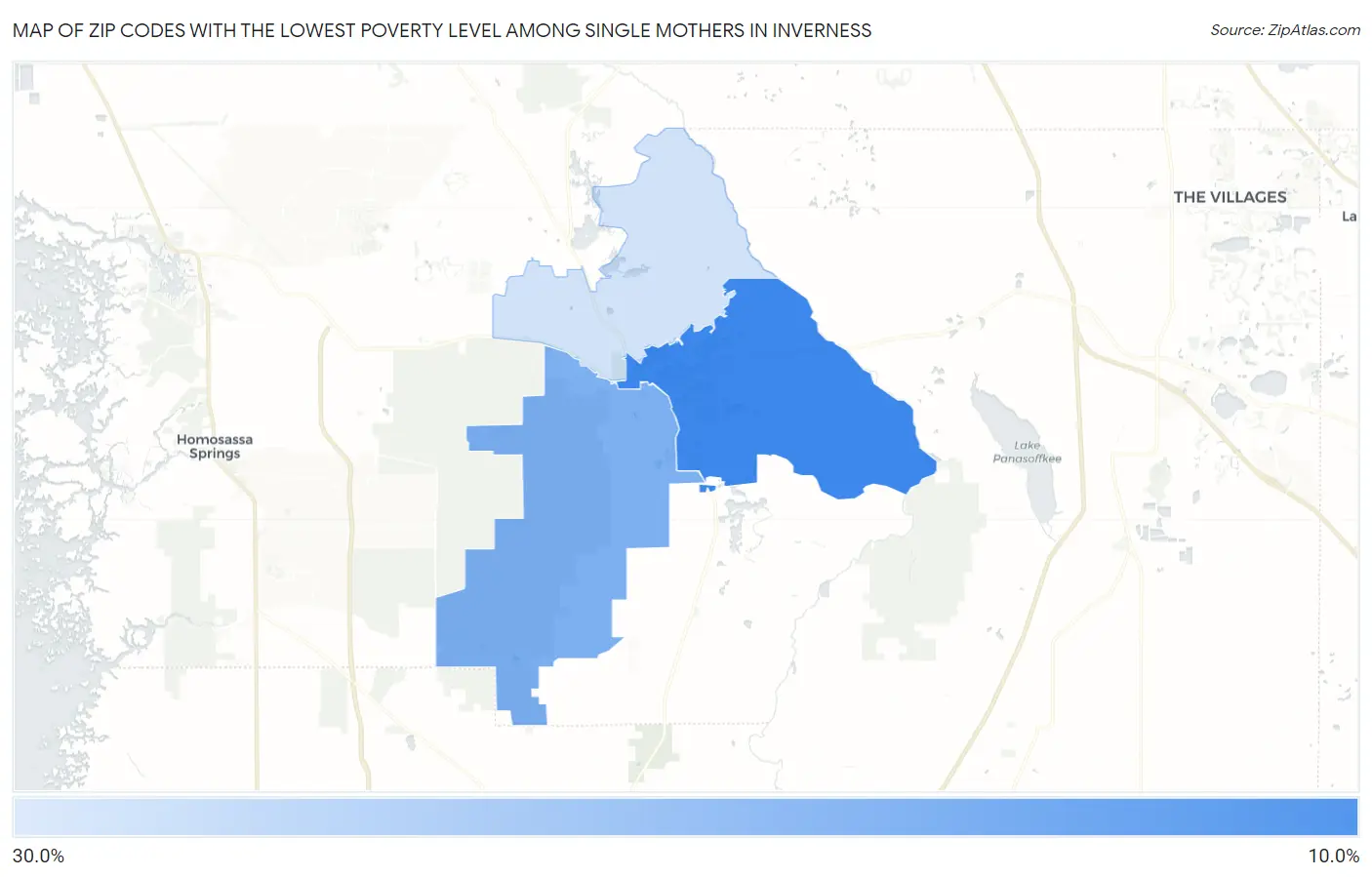 Zip Codes with the Lowest Poverty Level Among Single Mothers in Inverness Map