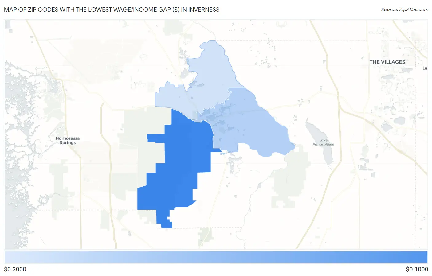 Zip Codes with the Lowest Wage/Income Gap ($) in Inverness Map