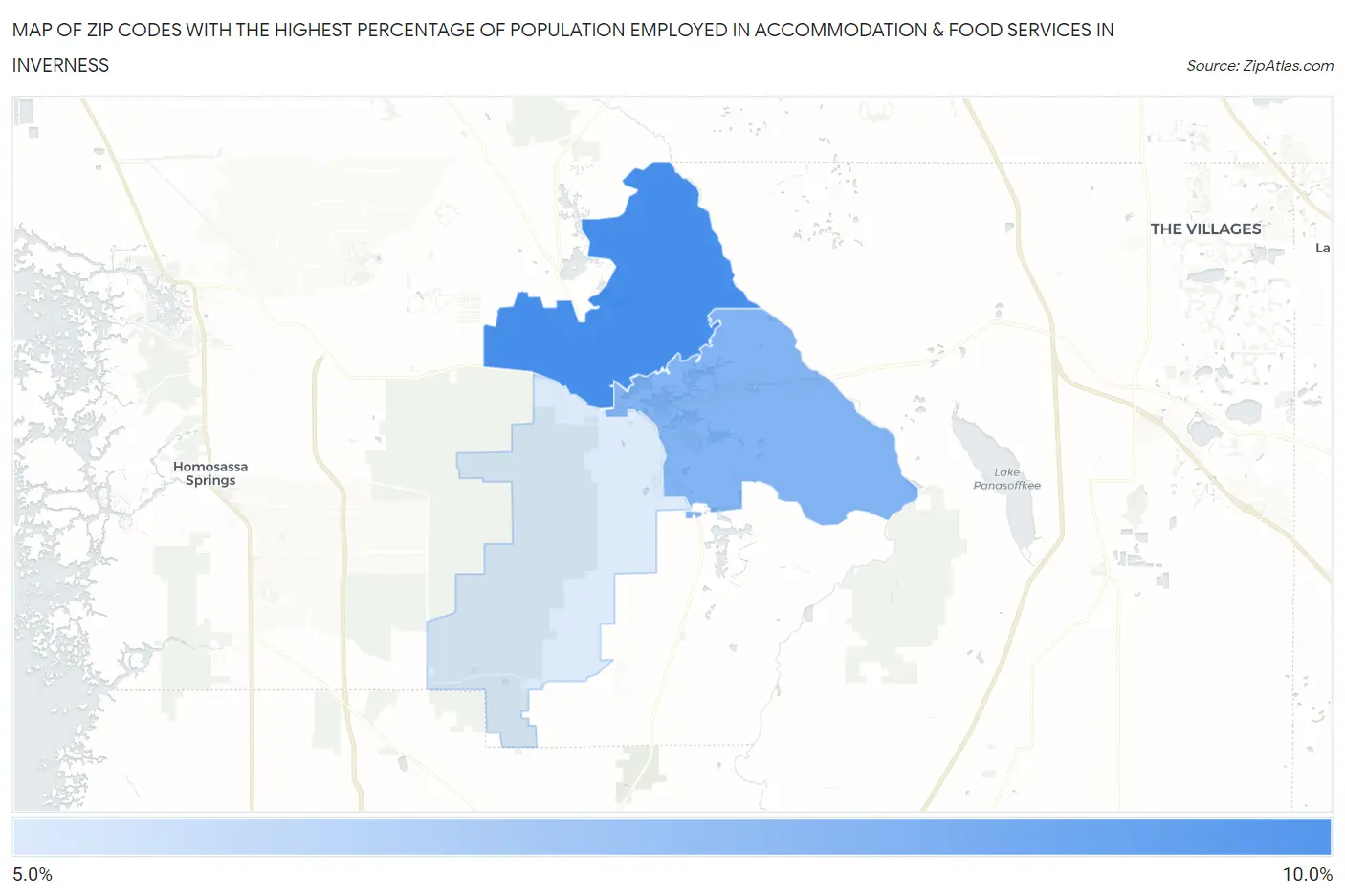 Zip Codes with the Highest Percentage of Population Employed in Accommodation & Food Services in Inverness Map