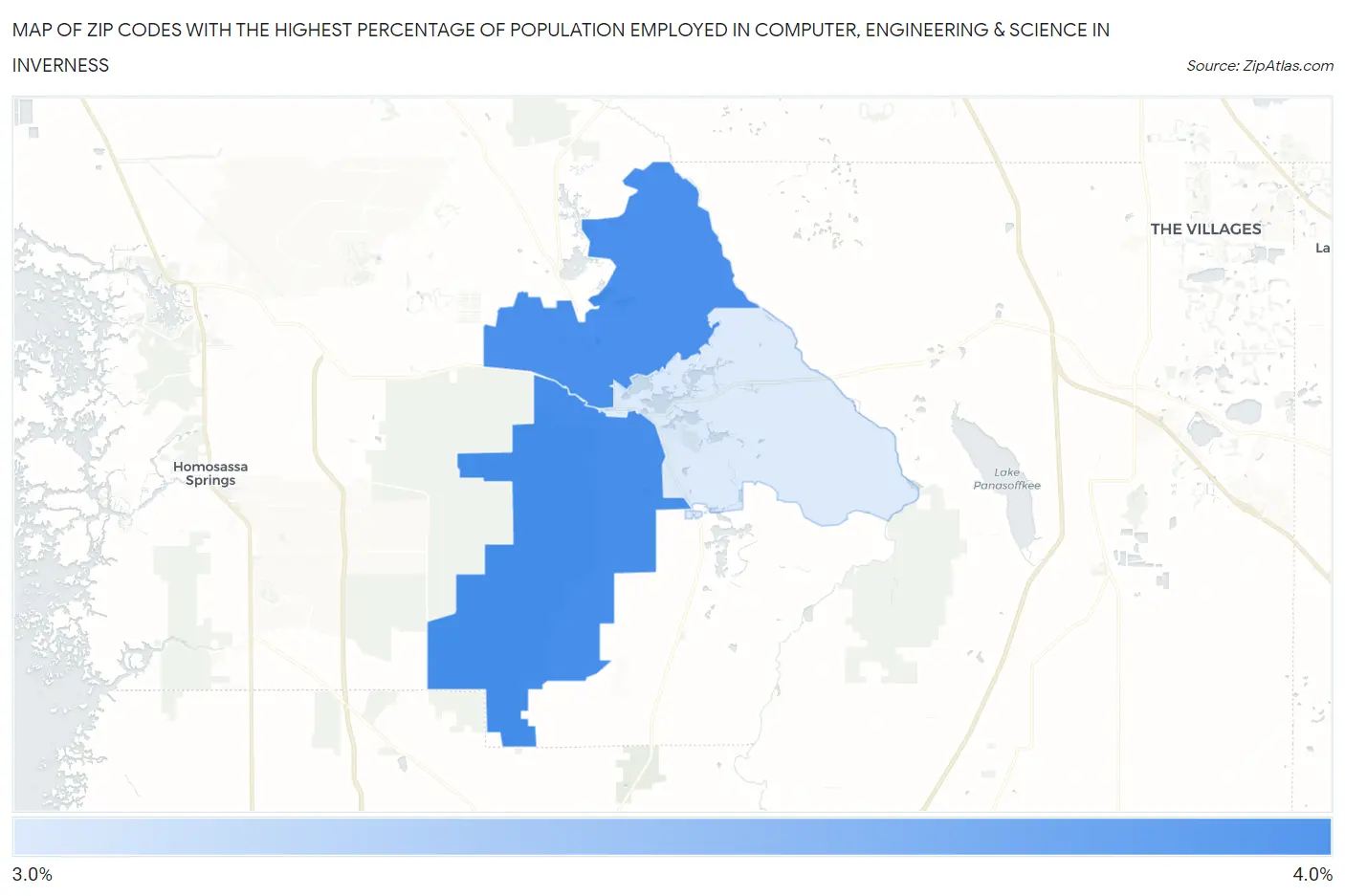 Zip Codes with the Highest Percentage of Population Employed in Computer, Engineering & Science in Inverness Map