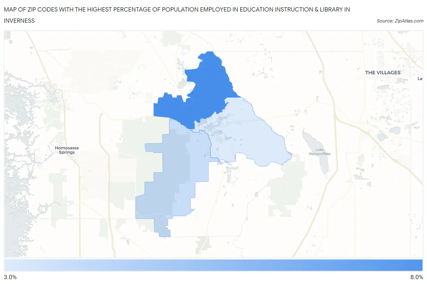 Zip Codes with the Highest Percentage of Population Employed in Education Instruction & Library in Inverness Map
