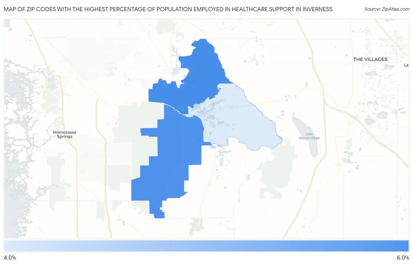 Zip Codes with the Highest Percentage of Population Employed in Healthcare Support in Inverness Map
