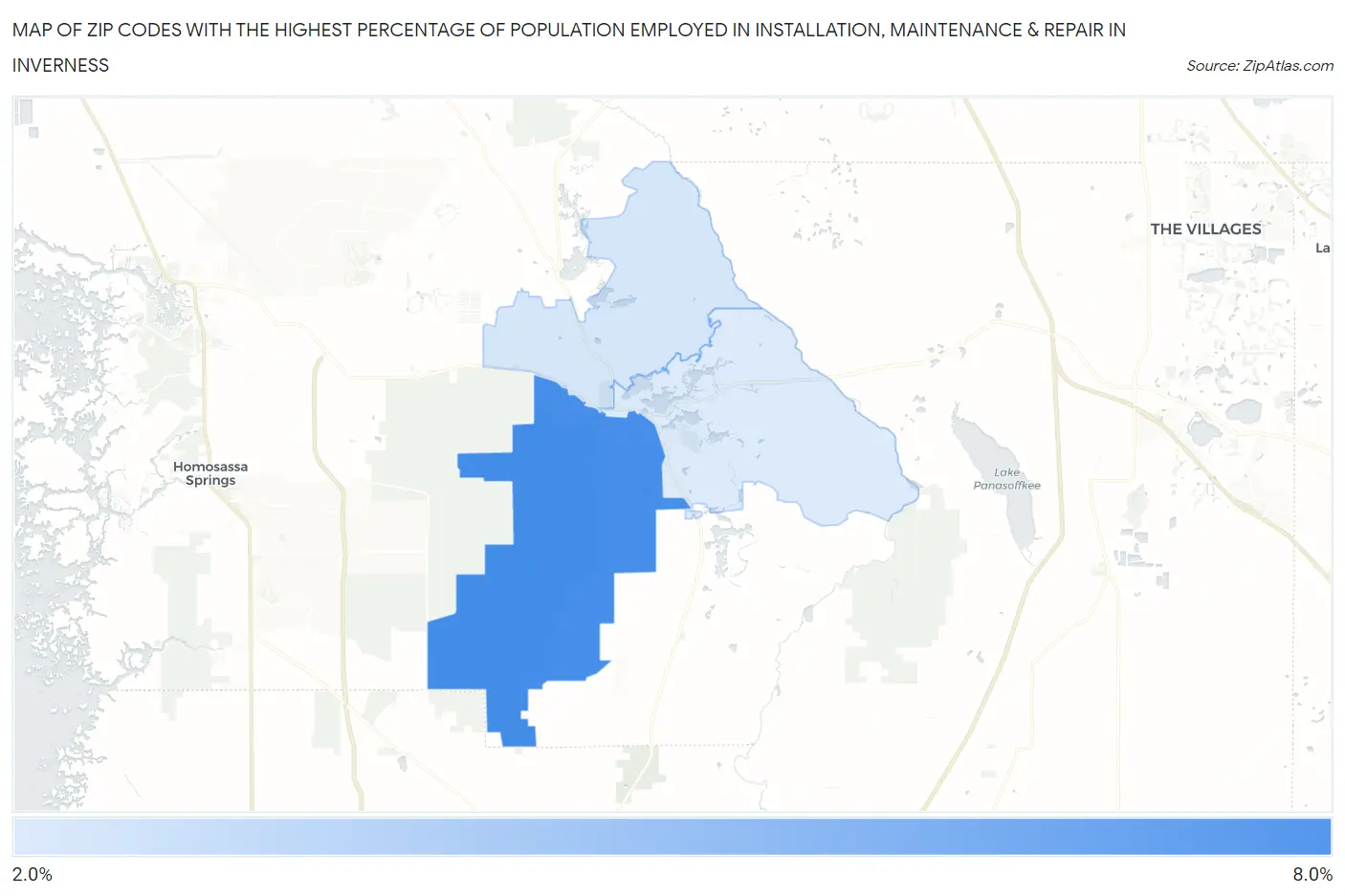 Zip Codes with the Highest Percentage of Population Employed in Installation, Maintenance & Repair in Inverness Map