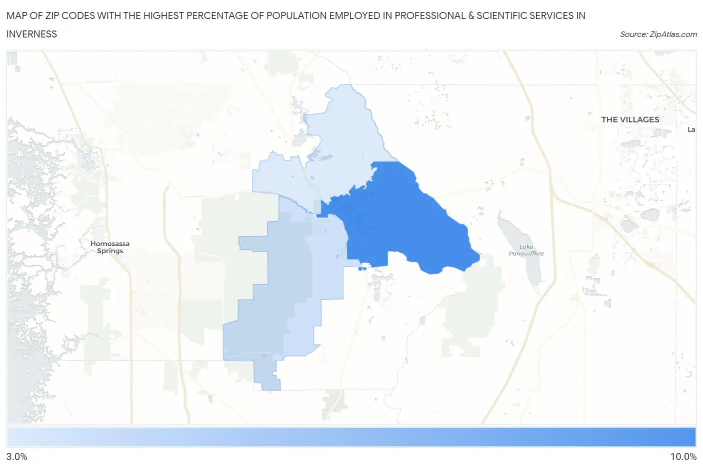 Zip Codes with the Highest Percentage of Population Employed in Professional & Scientific Services in Inverness Map