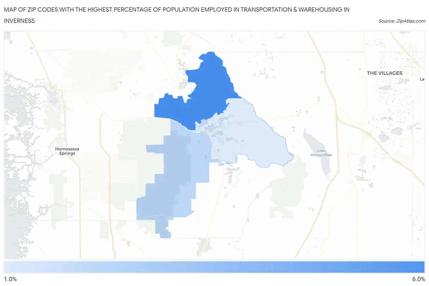 Zip Codes with the Highest Percentage of Population Employed in Transportation & Warehousing in Inverness Map