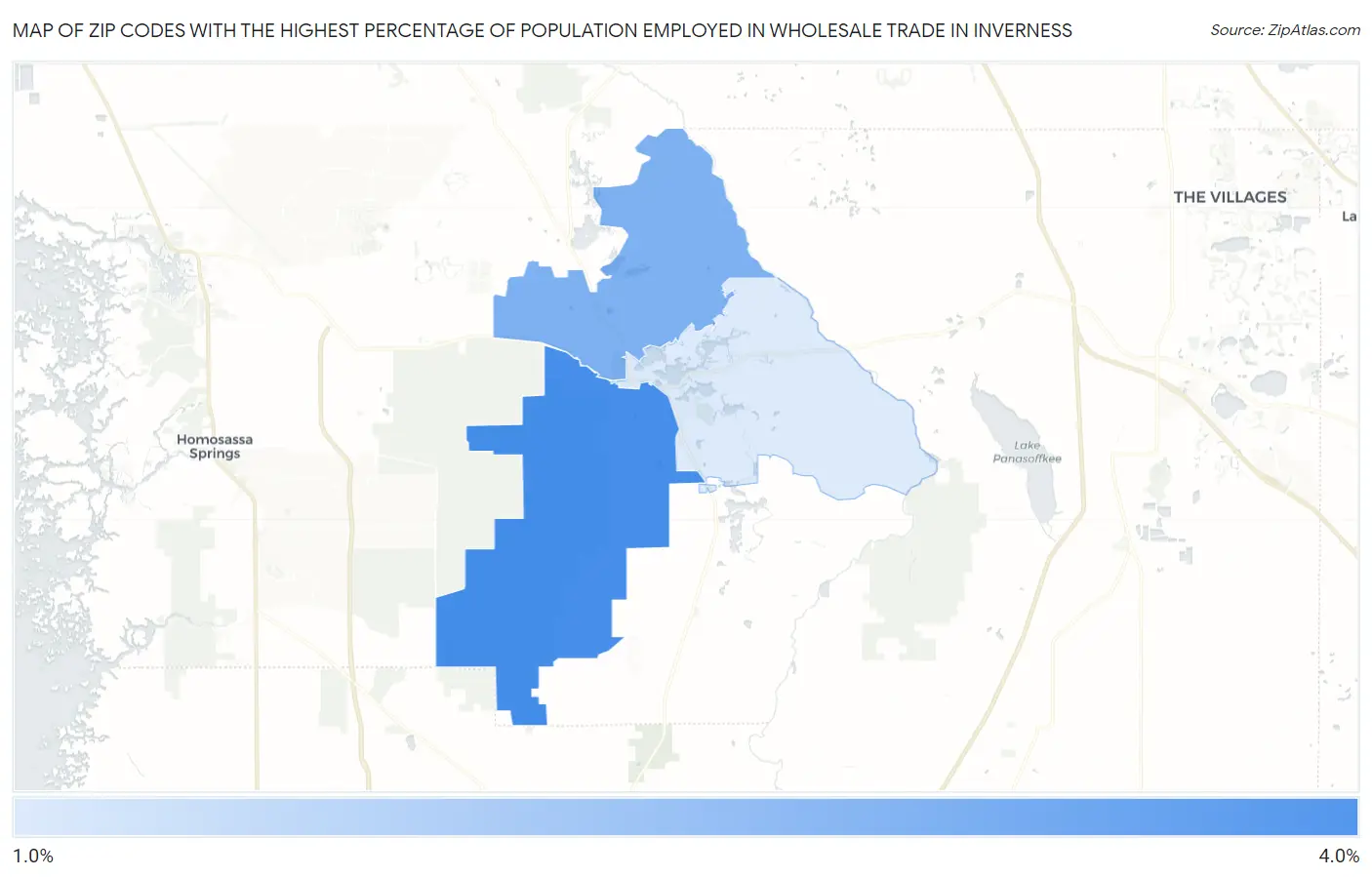 Zip Codes with the Highest Percentage of Population Employed in Wholesale Trade in Inverness Map