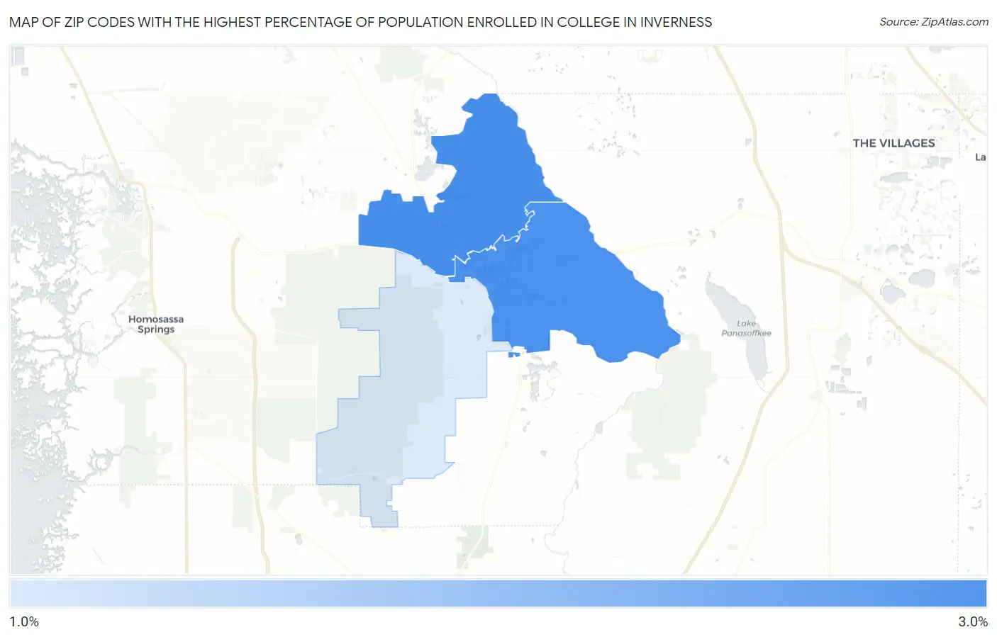 Zip Codes with the Highest Percentage of Population Enrolled in College in Inverness Map