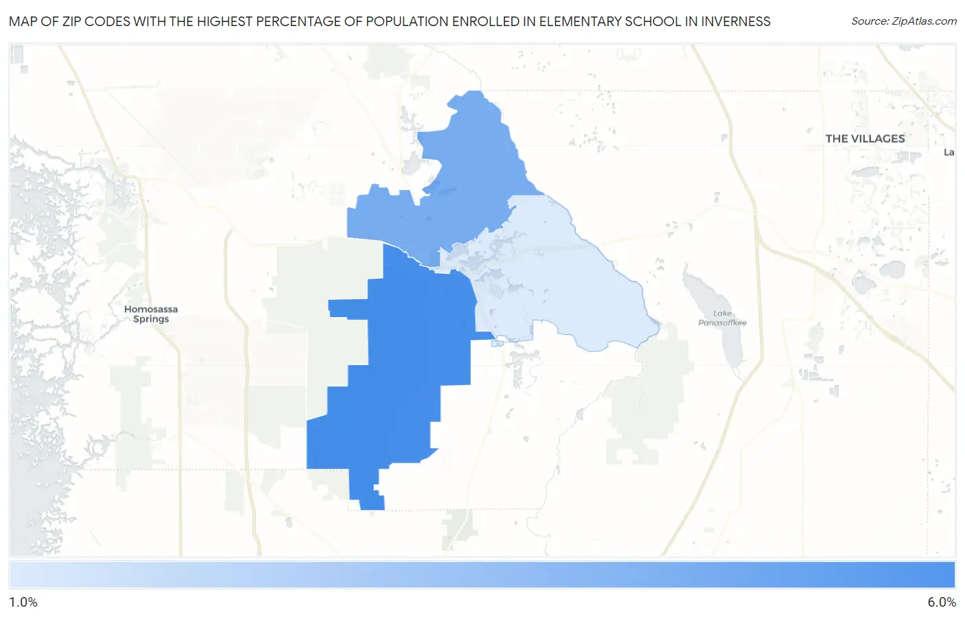 Zip Codes with the Highest Percentage of Population Enrolled in Elementary School in Inverness Map