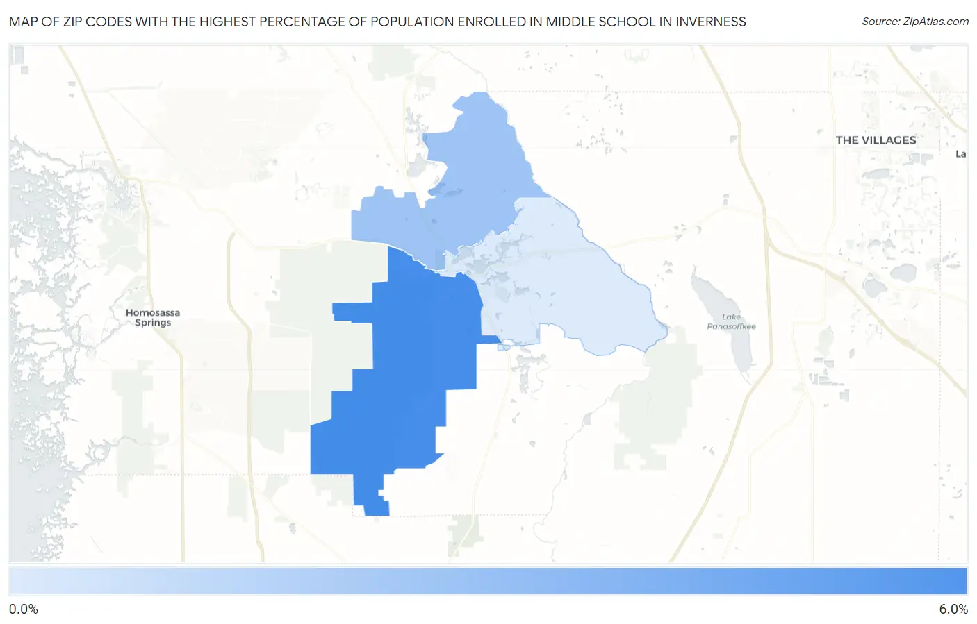 Zip Codes with the Highest Percentage of Population Enrolled in Middle School in Inverness Map