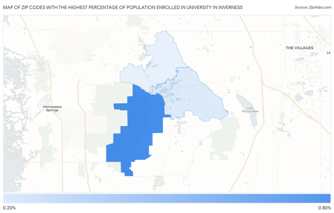 Zip Codes with the Highest Percentage of Population Enrolled in University in Inverness Map