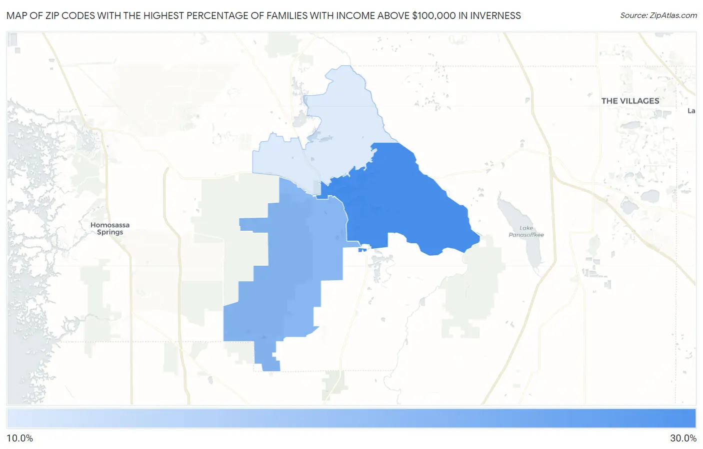 Zip Codes with the Highest Percentage of Families with Income Above $100,000 in Inverness Map
