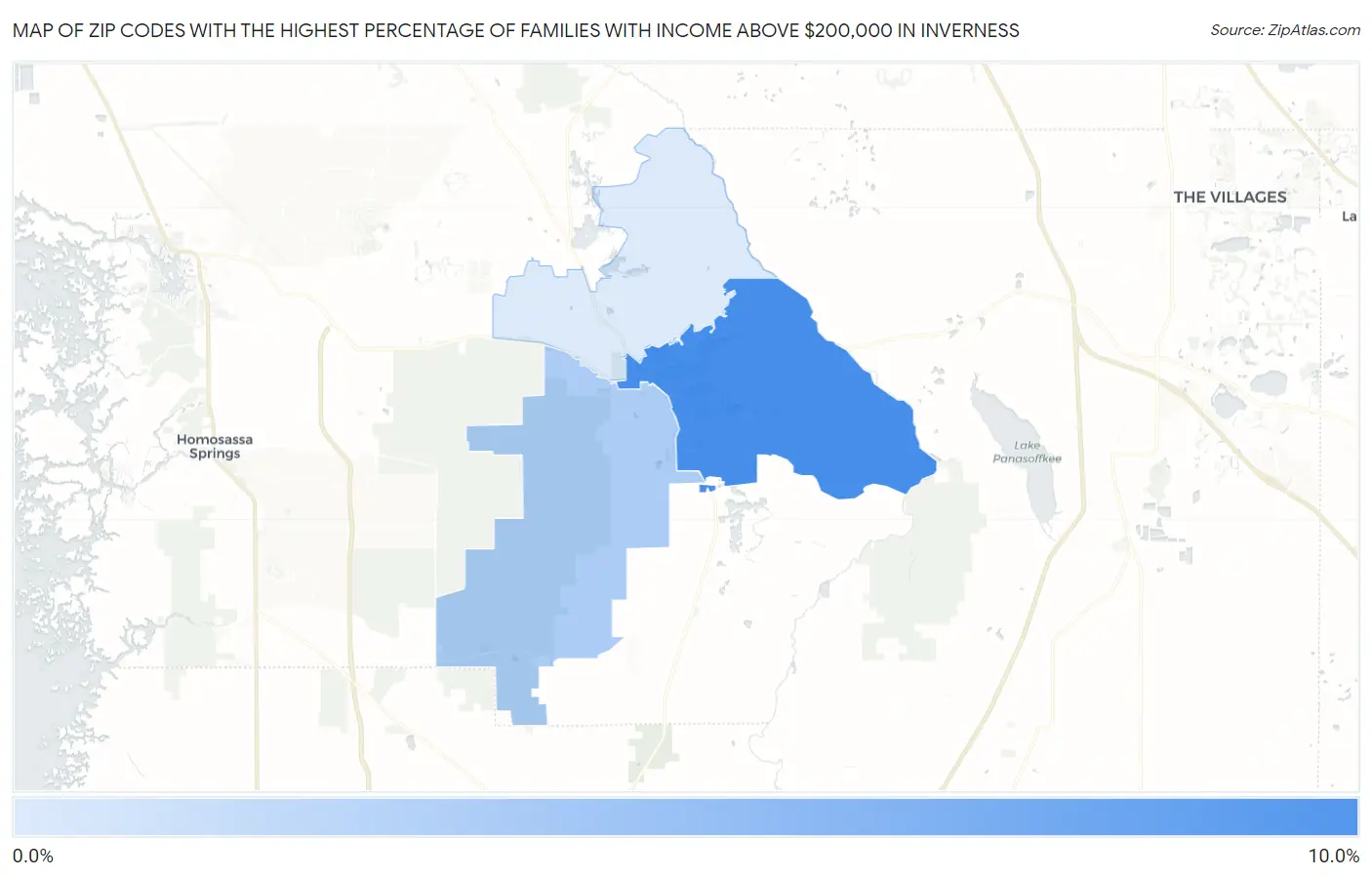 Zip Codes with the Highest Percentage of Families with Income Above $200,000 in Inverness Map