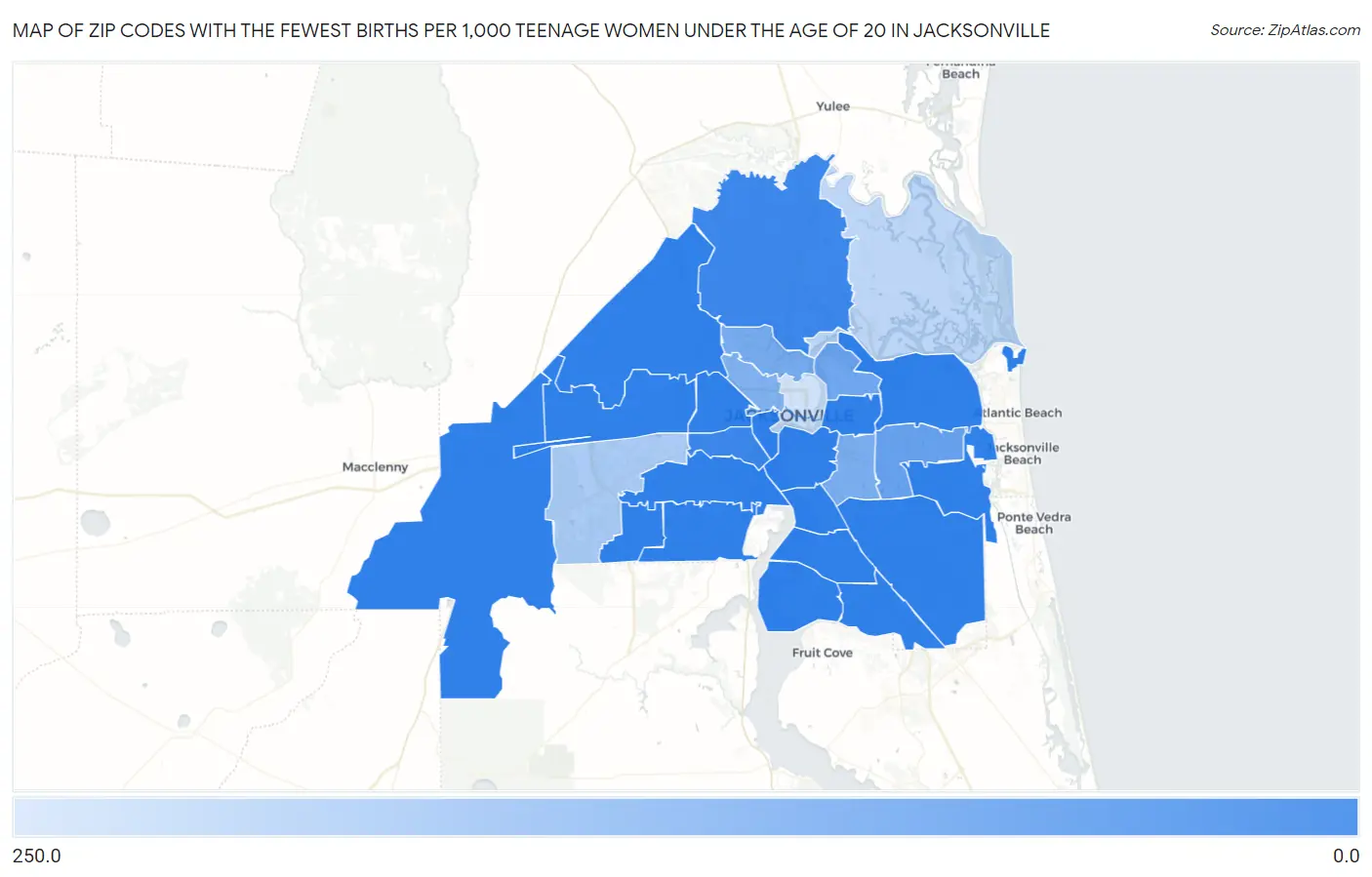 Zip Codes with the Fewest Births per 1,000 Teenage Women Under the Age of 20 in Jacksonville Map