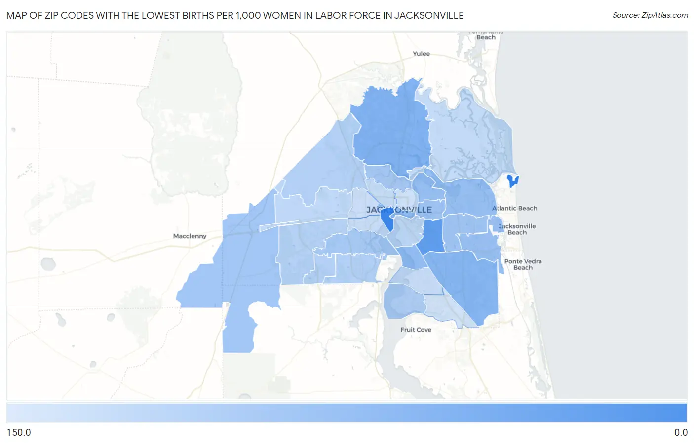 Zip Codes with the Lowest Births per 1,000 Women in Labor Force in Jacksonville Map