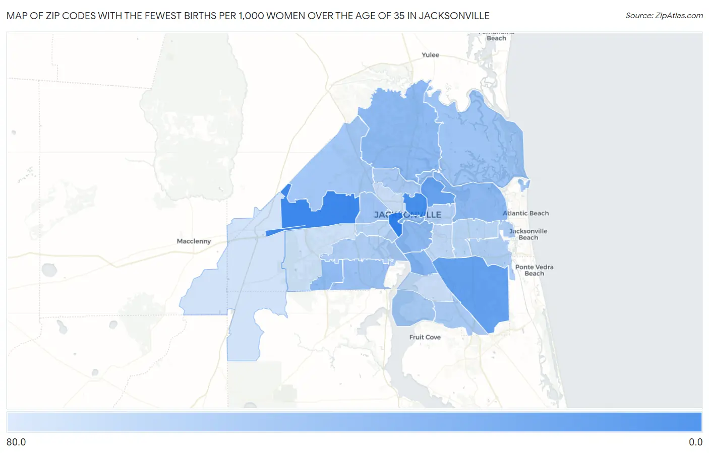 Zip Codes with the Fewest Births per 1,000 Women Over the Age of 35 in Jacksonville Map
