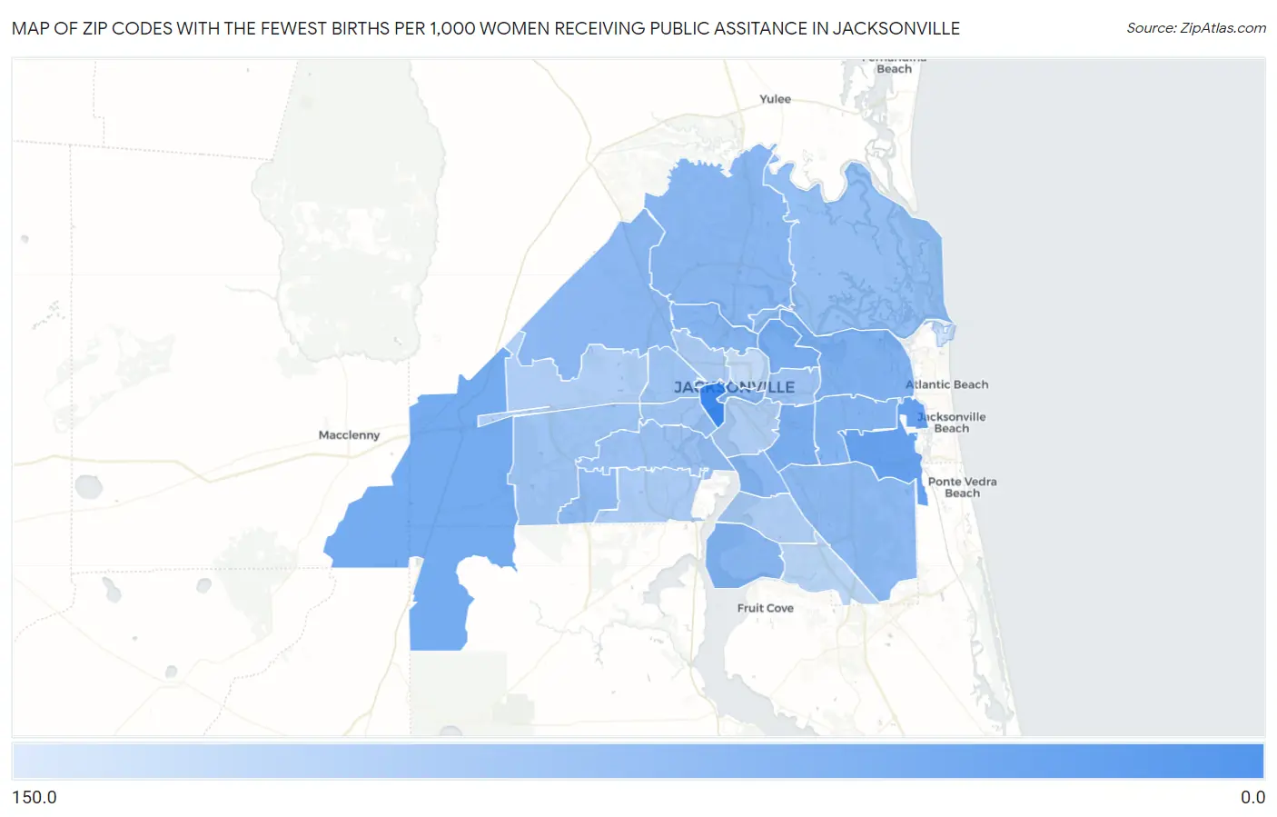 Zip Codes with the Fewest Births per 1,000 Women Receiving Public Assitance in Jacksonville Map