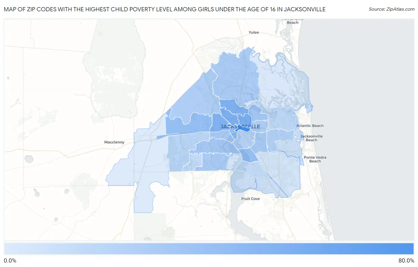 Zip Codes with the Highest Child Poverty Level Among Girls Under the Age of 16 in Jacksonville Map