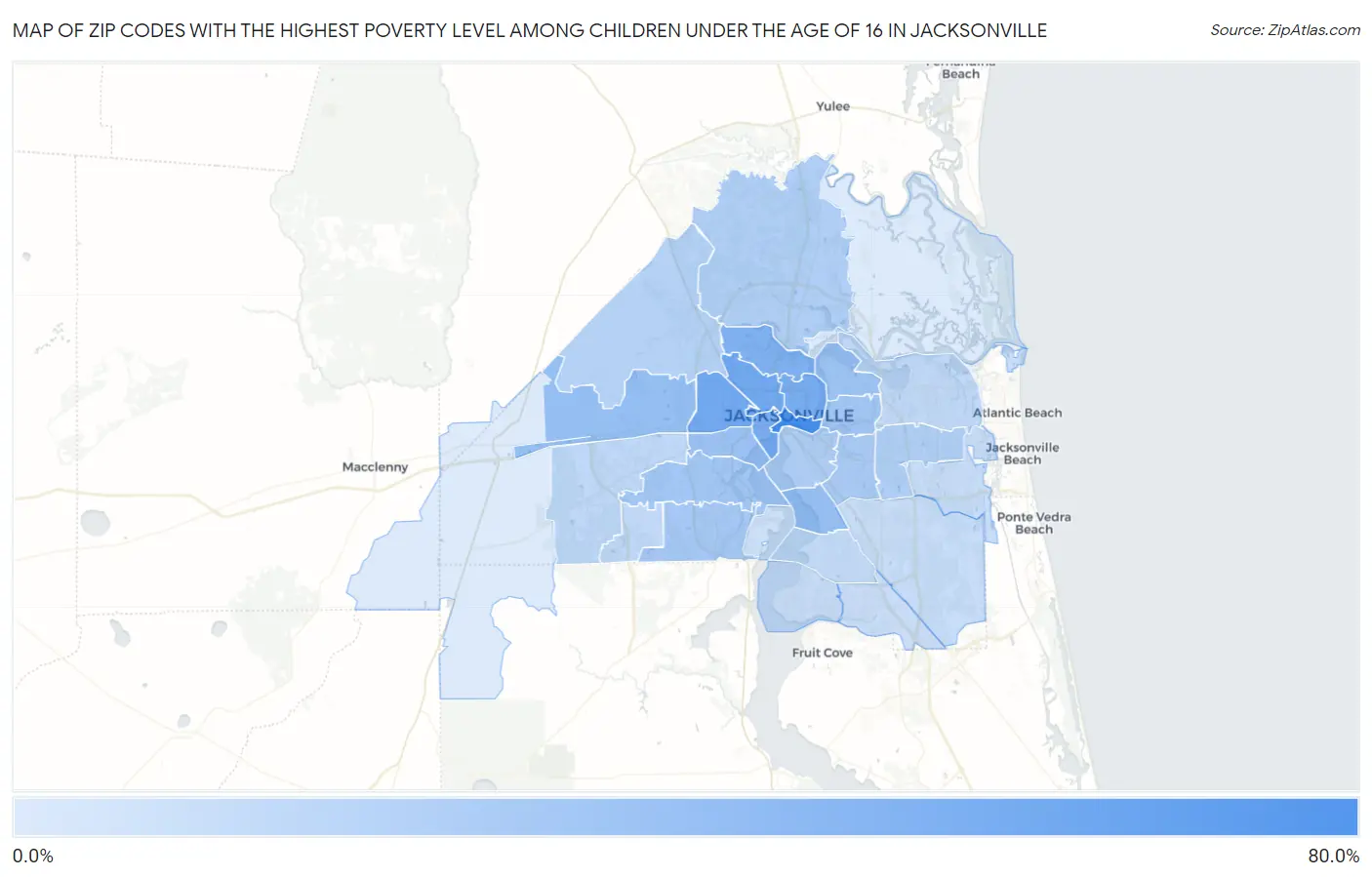 Zip Codes with the Highest Poverty Level Among Children Under the Age of 16 in Jacksonville Map