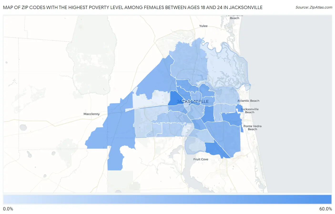 Zip Codes with the Highest Poverty Level Among Females Between Ages 18 and 24 in Jacksonville Map