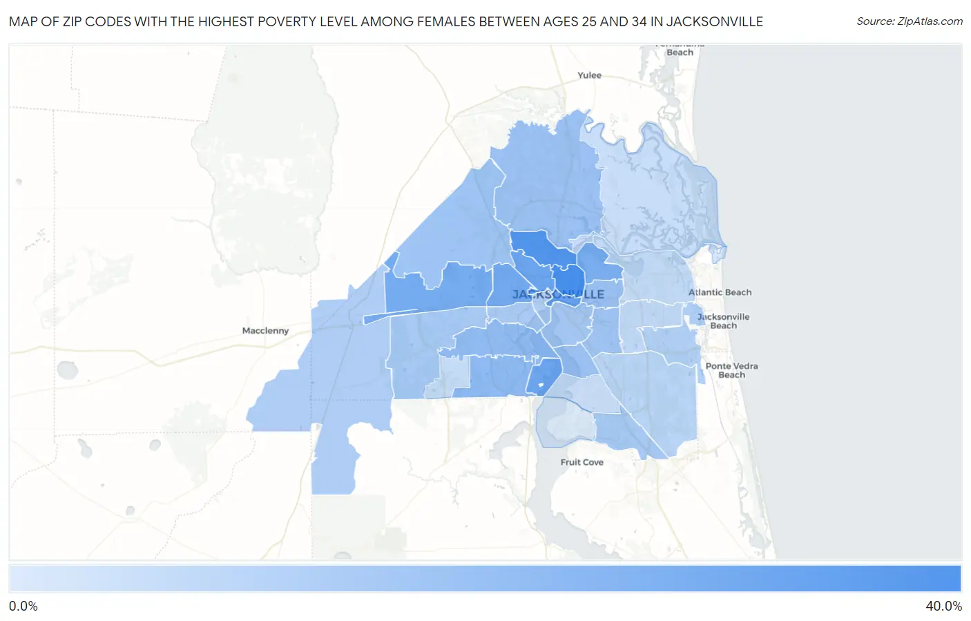 Zip Codes with the Highest Poverty Level Among Females Between Ages 25 and 34 in Jacksonville Map