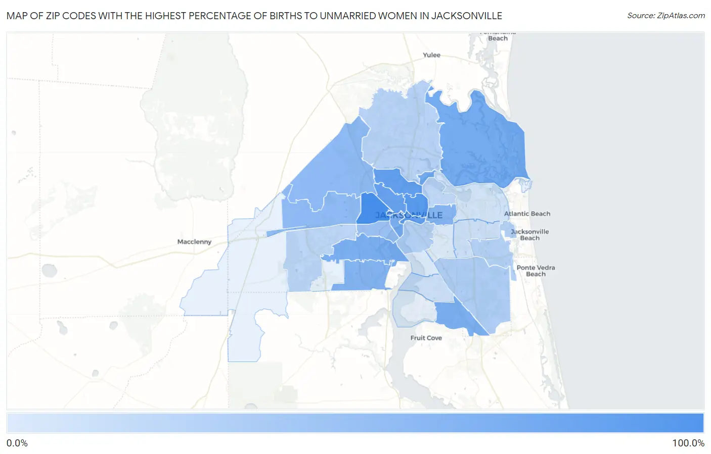 Zip Codes with the Highest Percentage of Births to Unmarried Women in Jacksonville Map