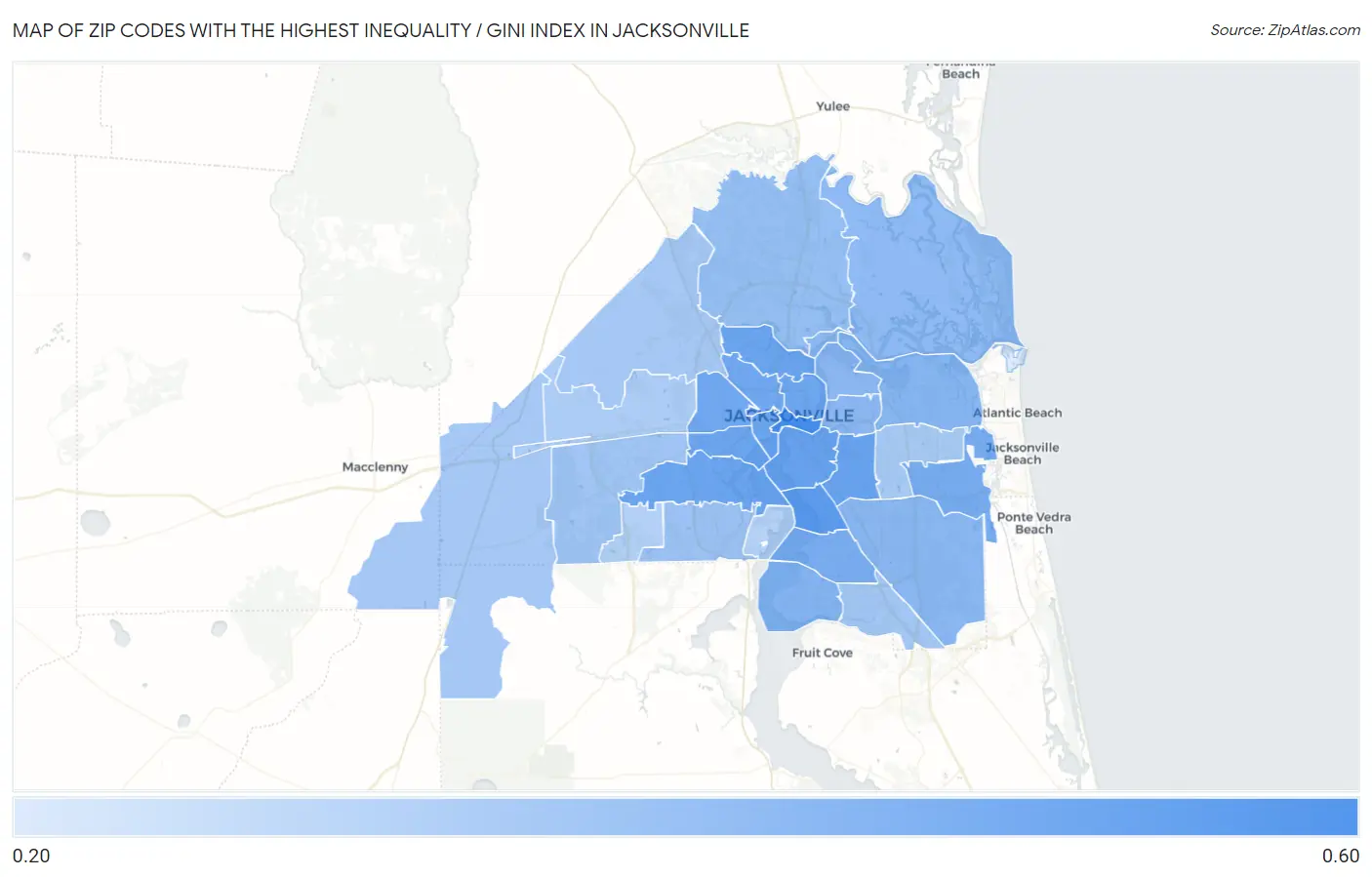 Zip Codes with the Highest Inequality / Gini Index in Jacksonville Map