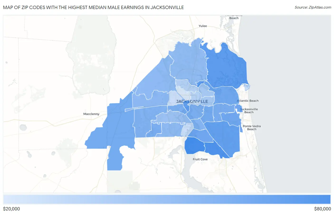 Zip Codes with the Highest Median Male Earnings in Jacksonville Map