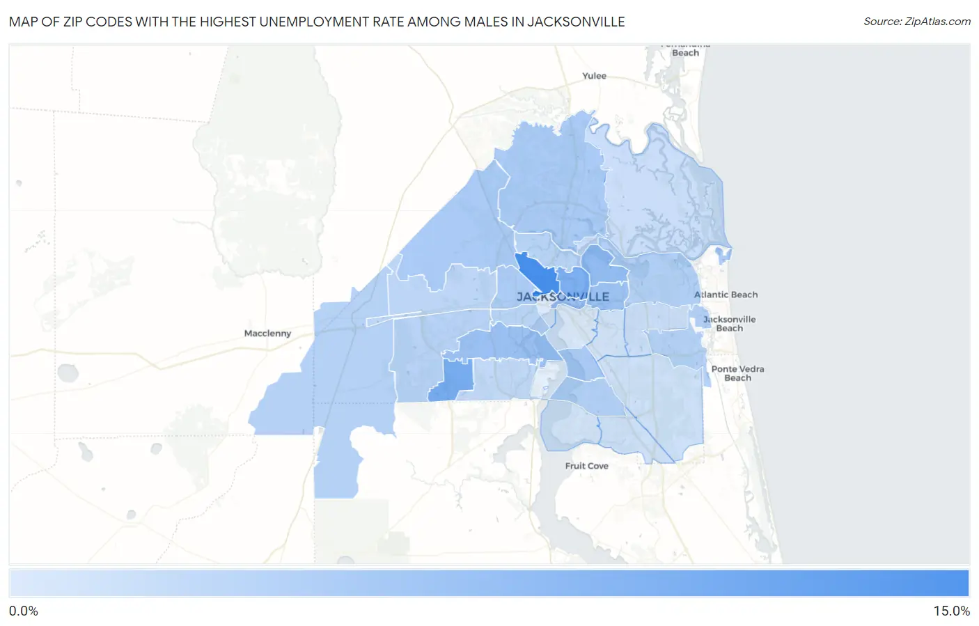 Zip Codes with the Highest Unemployment Rate Among Males in Jacksonville Map