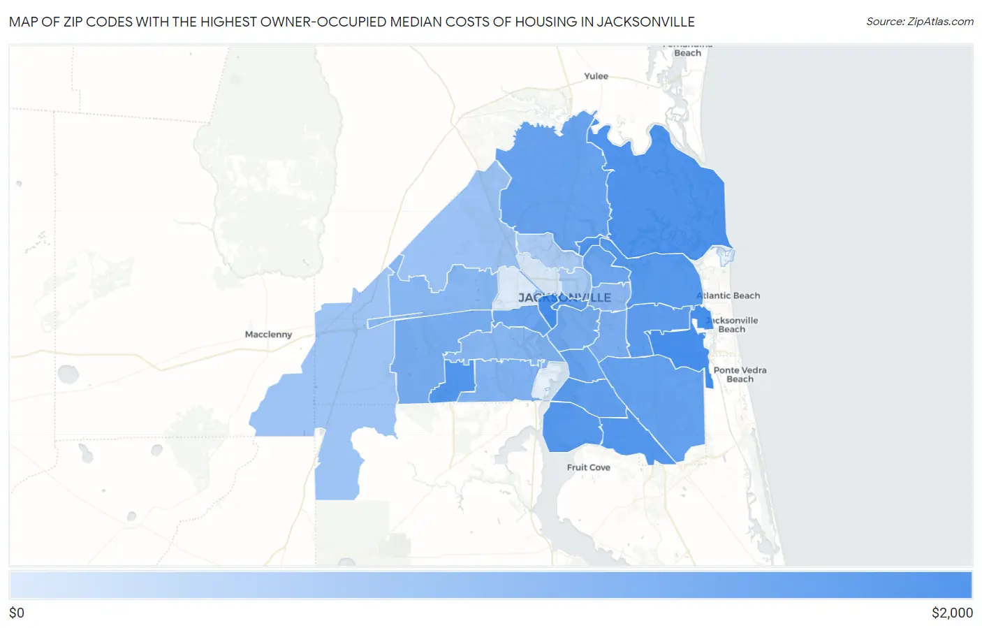 Zip Codes with the Highest Owner-Occupied Median Costs of Housing in Jacksonville Map