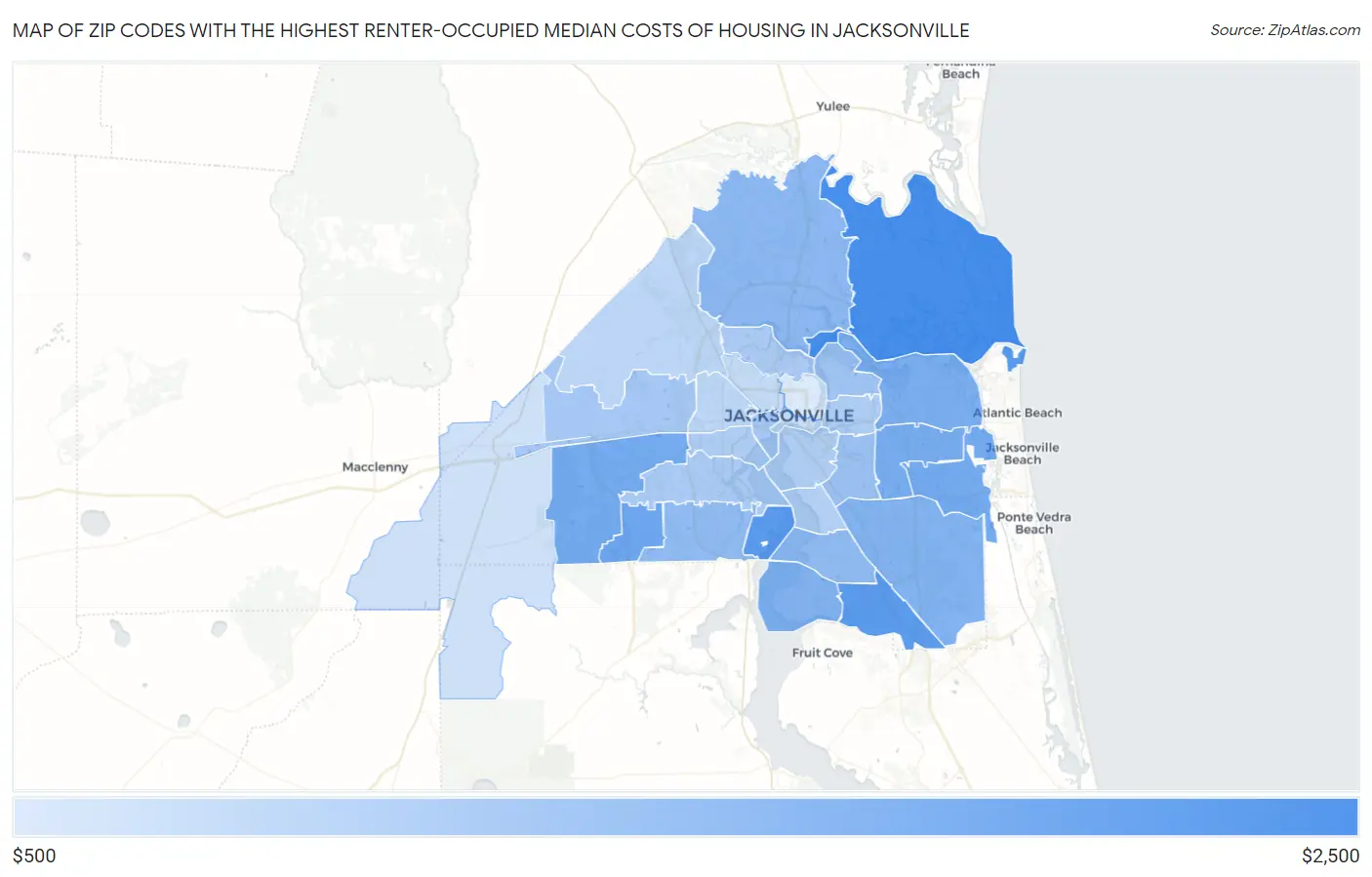Zip Codes with the Highest Renter-Occupied Median Costs of Housing in Jacksonville Map