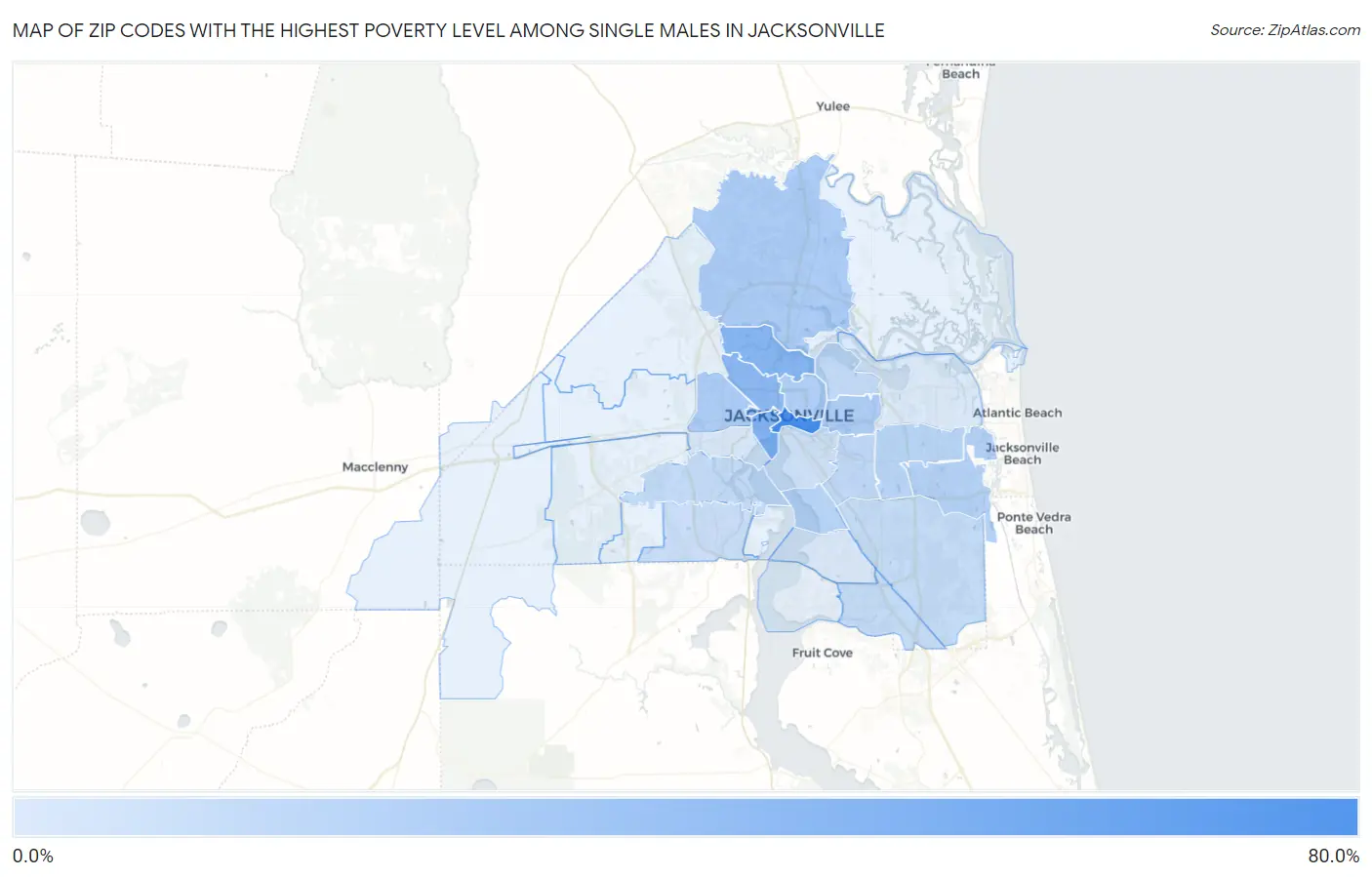 Zip Codes with the Highest Poverty Level Among Single Males in Jacksonville Map