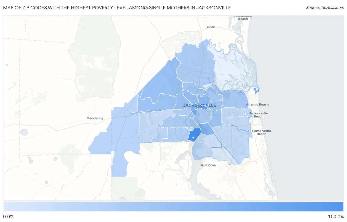 Zip Codes with the Highest Poverty Level Among Single Mothers in Jacksonville Map