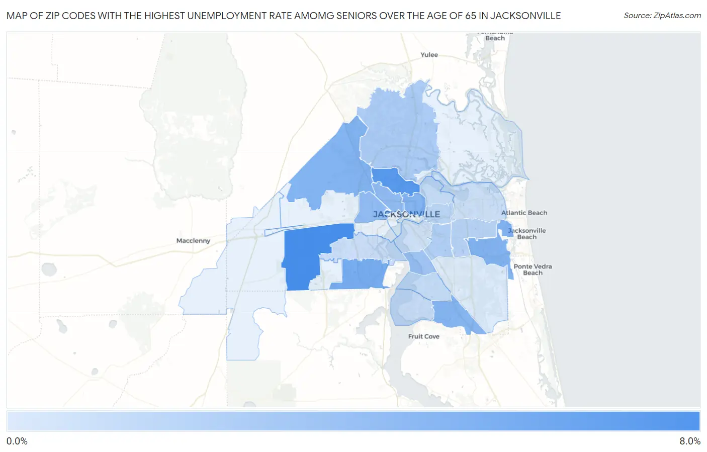 Zip Codes with the Highest Unemployment Rate Amomg Seniors Over the Age of 65 in Jacksonville Map