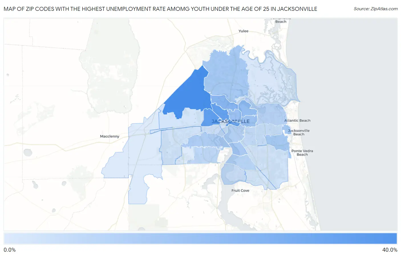 Zip Codes with the Highest Unemployment Rate Amomg Youth Under the Age of 25 in Jacksonville Map