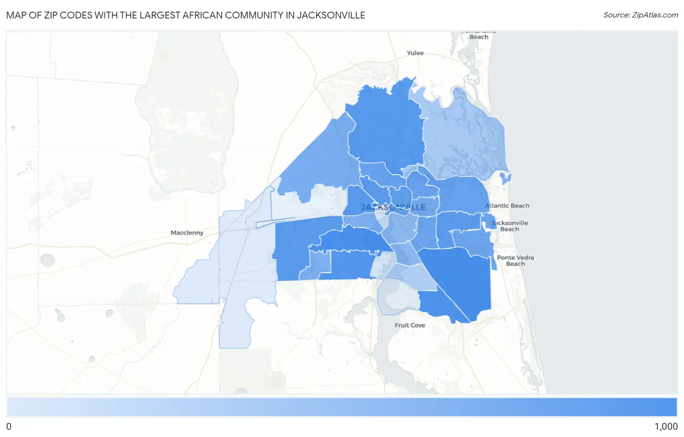 Zip Codes with the Largest African Community in Jacksonville Map