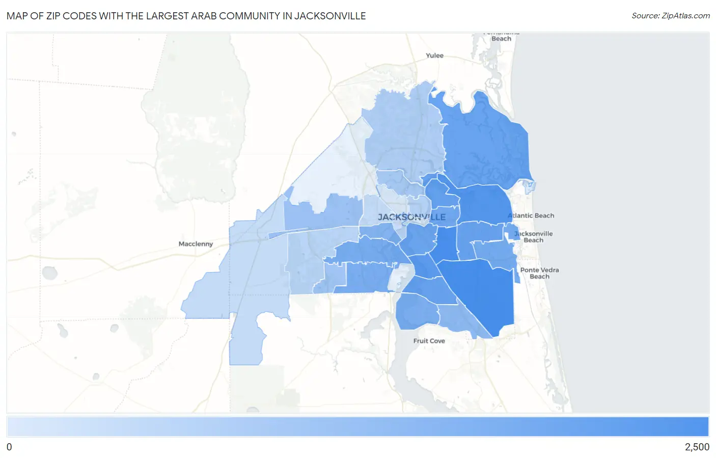 Zip Codes with the Largest Arab Community in Jacksonville Map
