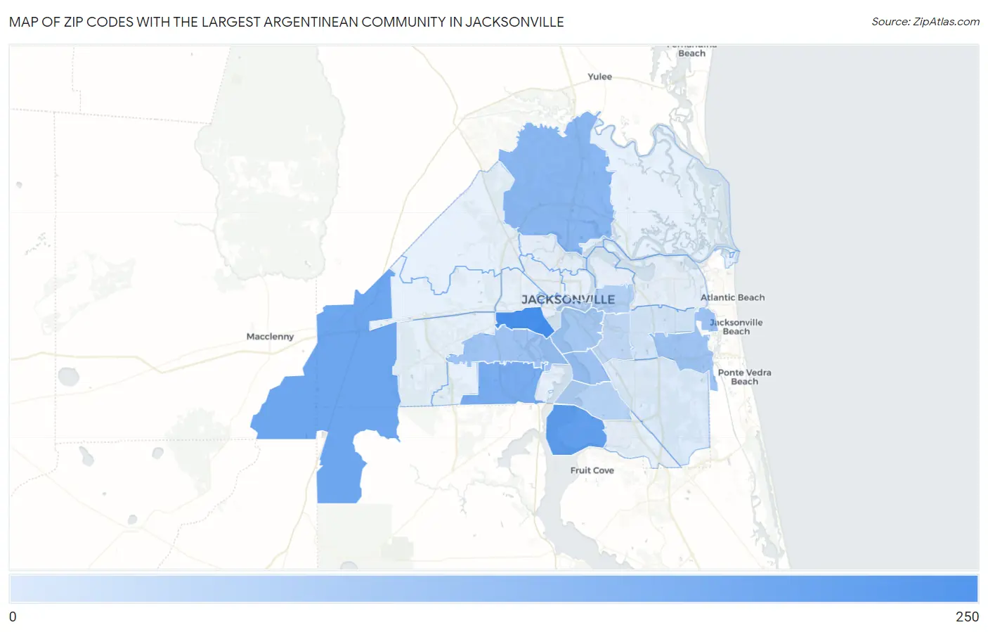 Zip Codes with the Largest Argentinean Community in Jacksonville Map