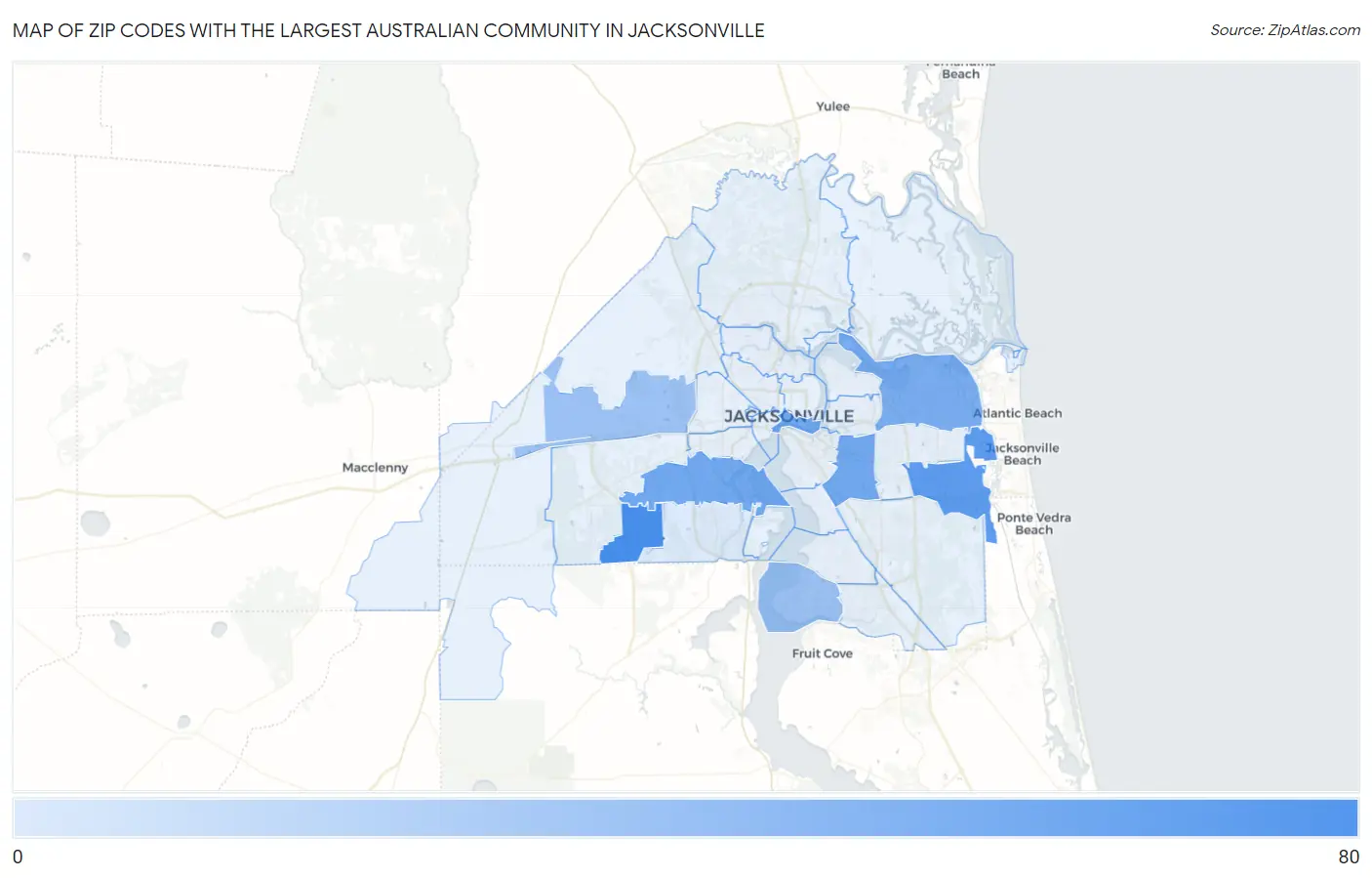 Zip Codes with the Largest Australian Community in Jacksonville Map