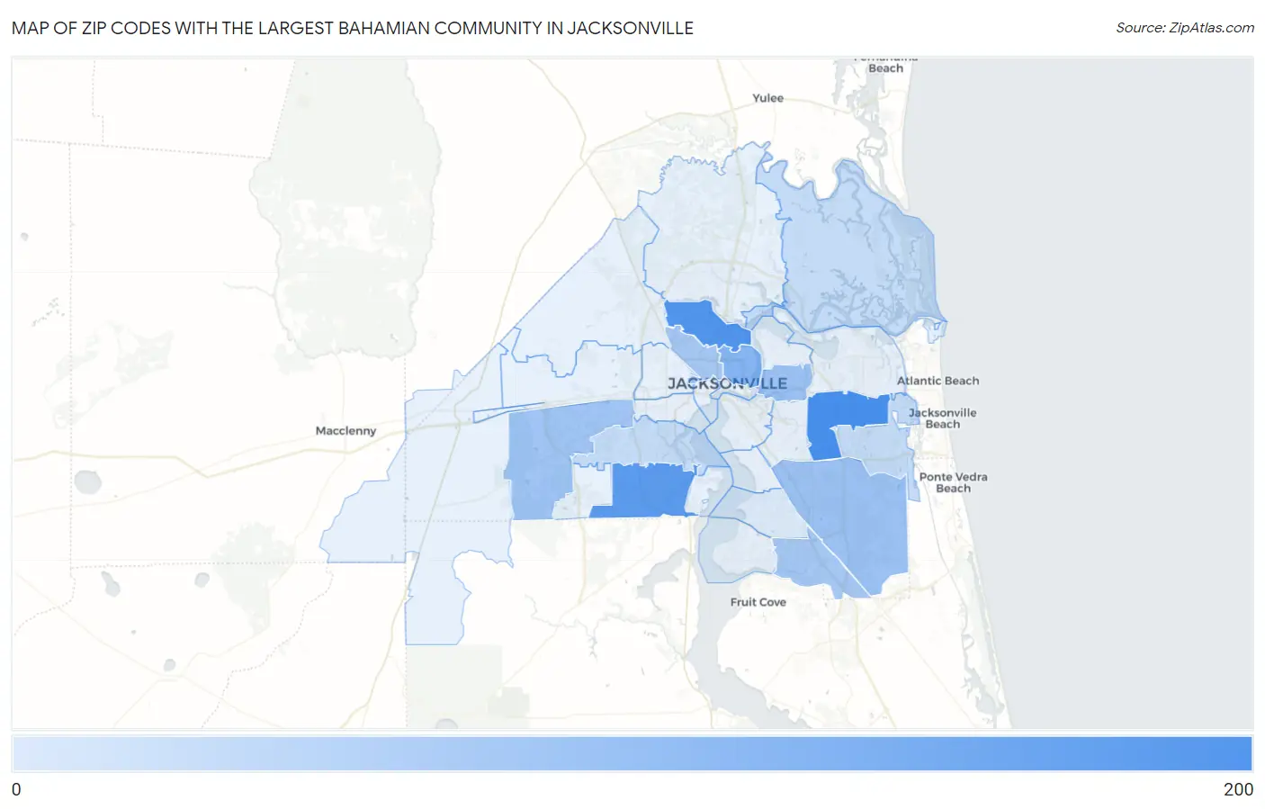 Zip Codes with the Largest Bahamian Community in Jacksonville Map