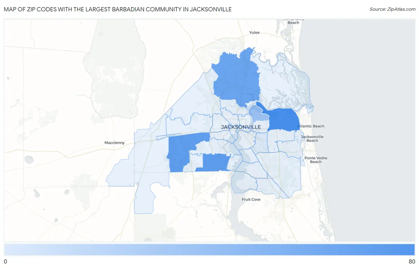 Zip Codes with the Largest Barbadian Community in Jacksonville Map