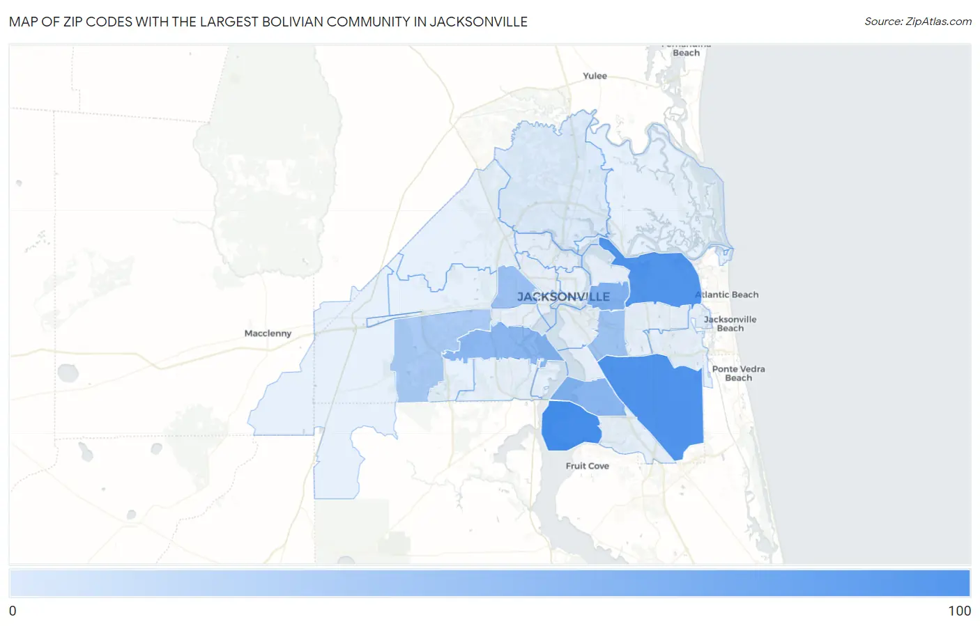 Zip Codes with the Largest Bolivian Community in Jacksonville Map