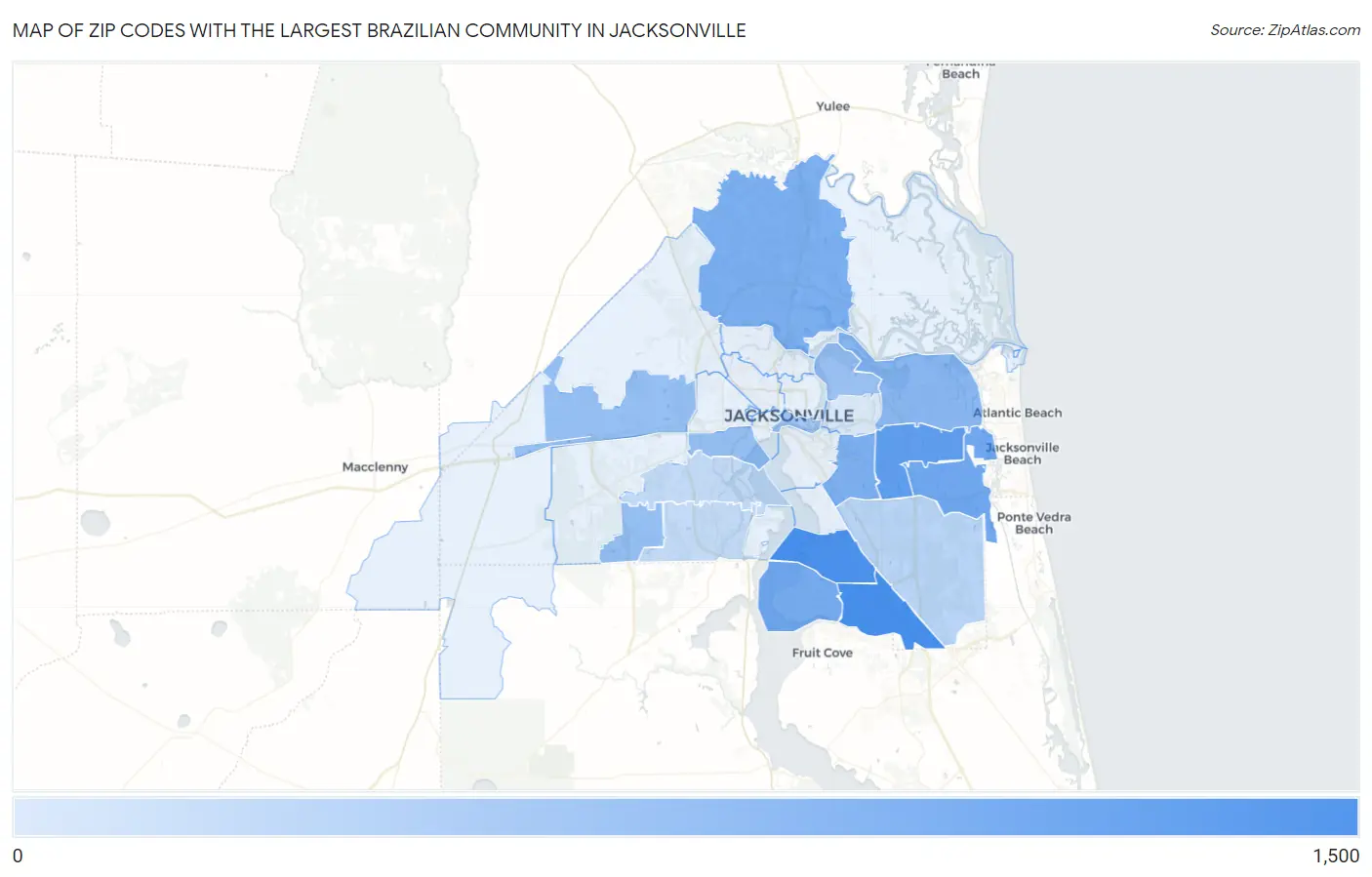 Zip Codes with the Largest Brazilian Community in Jacksonville Map