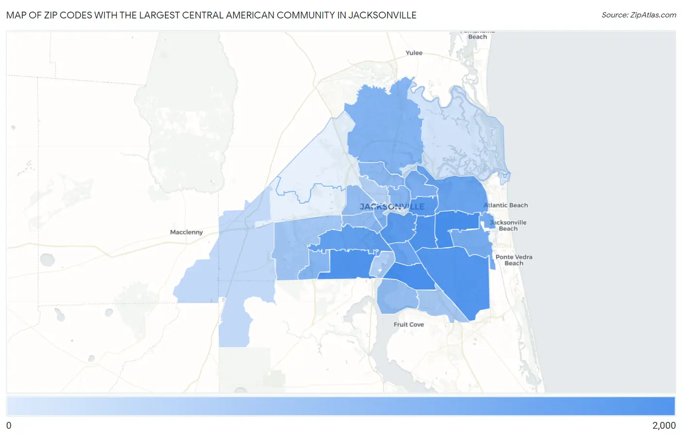 Zip Codes with the Largest Central American Community in Jacksonville Map